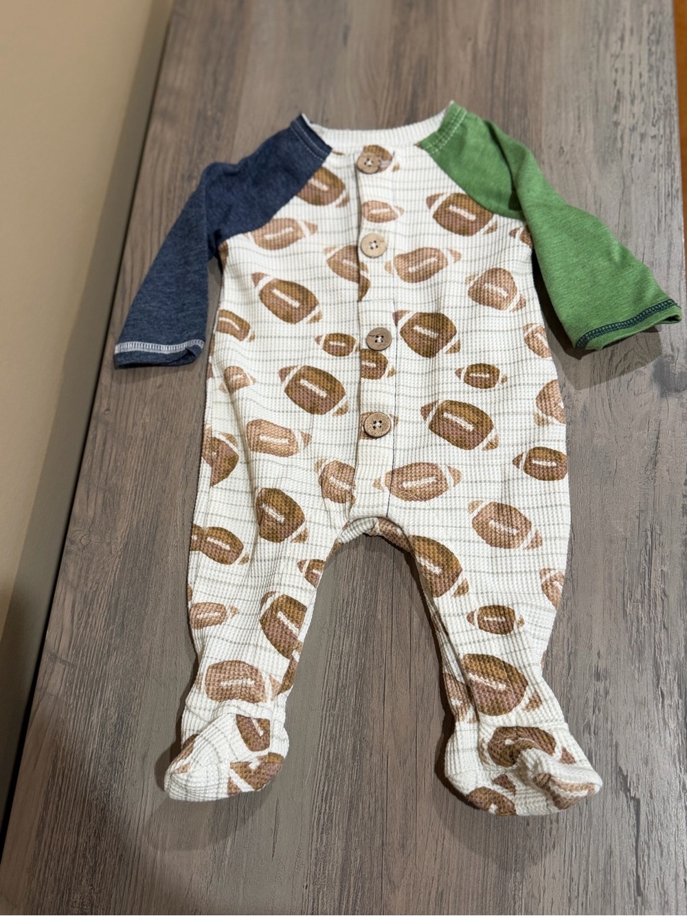 Mud Pie Football Print Waffle One-Piece Footie - Green & Blue Sleeves